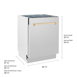 ZLINE Autograph Edition 24 in. Tallac Series 3rd Rack Top Control Built-In Tall Tub Dishwasher in Stainless Steel with Polished Gold Handle, 51dBa (DWVZ-304-24-G) dimensional diagram.