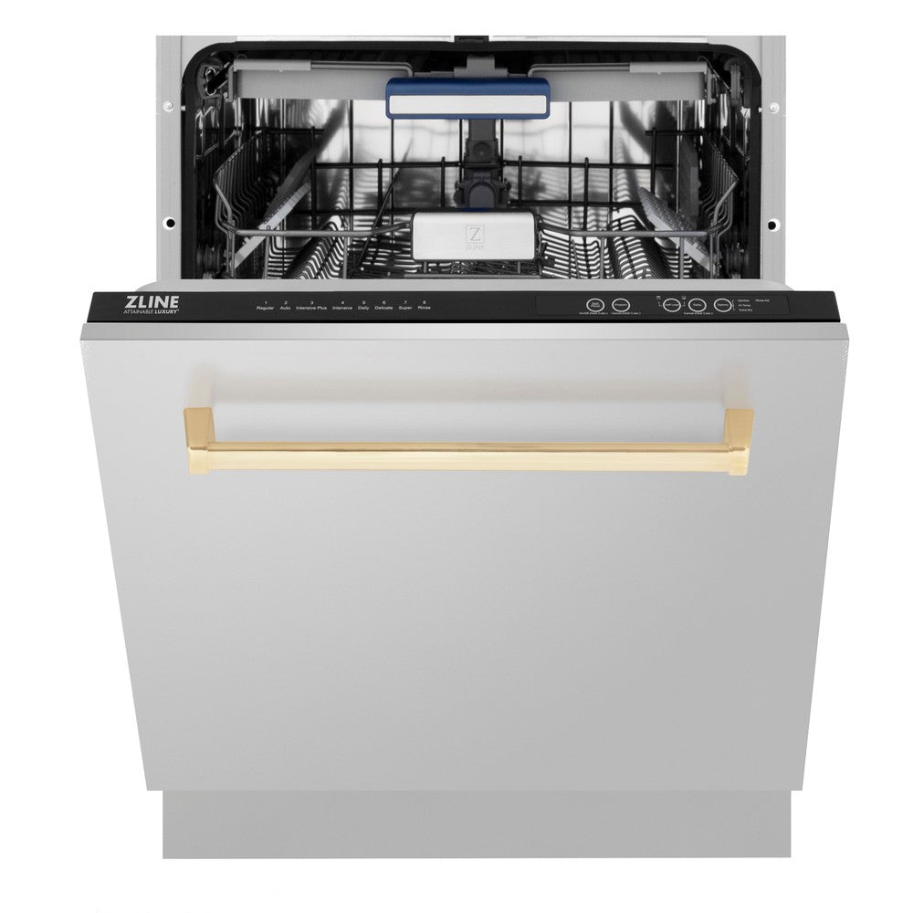 ZLINE Autograph Edition 24 in. 3rd Rack Top Control Tall Tub Dishwasher in Stainless Steel with Polished Gold Handle, 51dBa (DWVZ-304-24-G) front, half open.