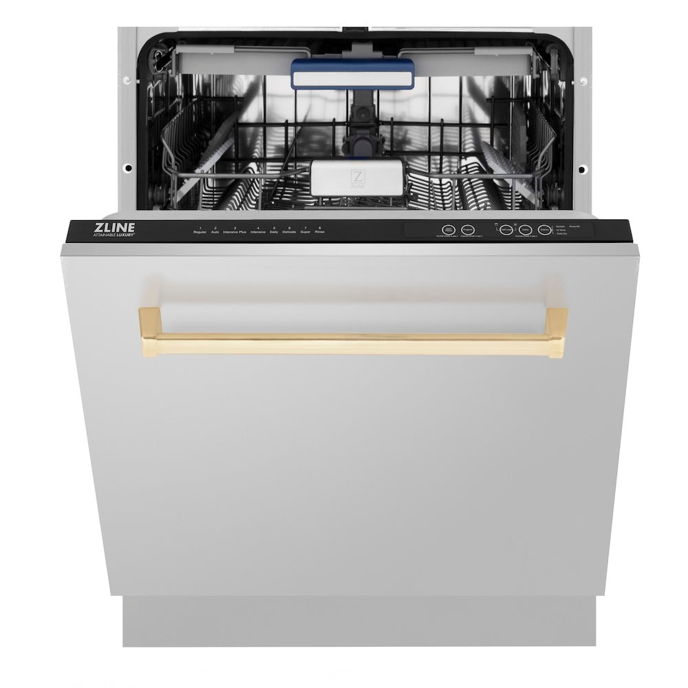 ZLINE Autograph Edition 24 in. Tallac Series 3rd Rack Top Control Built-In Tall Tub Dishwasher in Stainless Steel with Polished Gold Handle, 51dBa (DWVZ-304-24-G) front, half open.