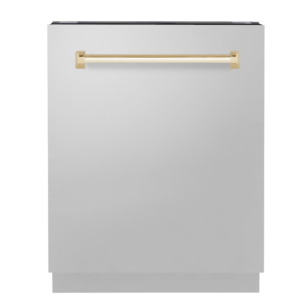 ZLINE Autograph Edition 24 in. Tallac Series 3rd Rack Top Control Built-In Tall Tub Dishwasher in Stainless Steel with Polished Gold Handle, 51dBa (DWVZ-304-24-G) main image.