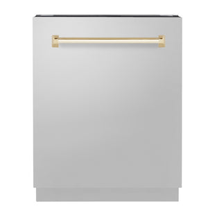 ZLINE Autograph Edition 24 in. Tallac Series 3rd Rack Top Control Built-In Tall Tub Dishwasher in Stainless Steel with Polished Gold Handle, 51dBa (DWVZ-304-24-G) main image.