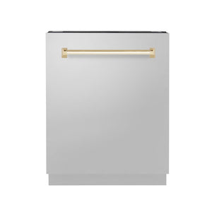 ZLINE Autograph Edition 24 in. 3rd Rack Top Control Tall Tub Dishwasher in Stainless Steel with Polished Gold Handle, 51dBa (DWVZ-304-24-G)