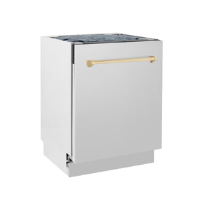 ZLINE Autograph Edition 24 in. 3rd Rack Top Control Tall Tub Dishwasher in Stainless Steel with Polished Gold Handle, 51dBa (DWVZ-304-24-G) side, closed.