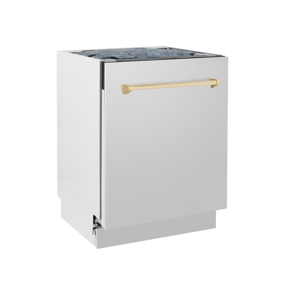 ZLINE Autograph Edition 24 in. Tallac Series 3rd Rack Top Control Built-In Tall Tub Dishwasher in Stainless Steel with Polished Gold Handle, 51dBa (DWVZ-304-24-G) side.