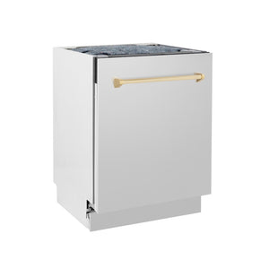ZLINE Autograph Edition 24 in. Tallac Series 3rd Rack Top Control Built-In Tall Tub Dishwasher in Stainless Steel with Polished Gold Handle, 51dBa (DWVZ-304-24-G) side.