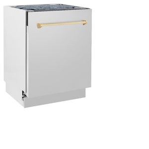 ZLINE Autograph Edition 24 in. 3rd Rack Top Control Tall Tub Dishwasher in Stainless Steel with Polished Gold Handle, 51dBa (DWVZ-304-24-G) side, closed.