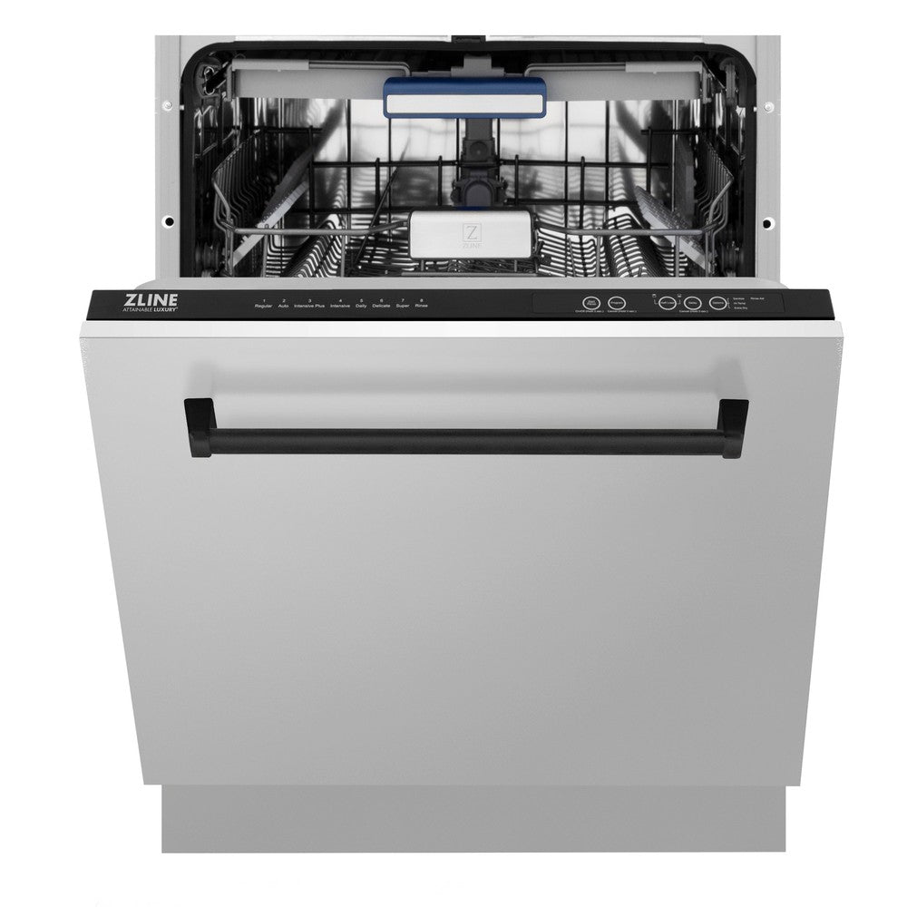 ZLINE Autograph Edition 24 in. 3rd Rack Top Control Tall Tub Dishwasher in Stainless Steel with Matte Black Handle, 51dBa (DWVZ-304-24-MB) front, half open.