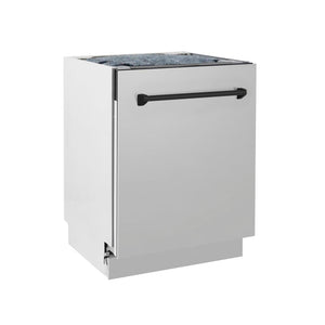 ZLINE Autograph Edition 24 in. 3rd Rack Top Control Tall Tub Dishwasher in Stainless Steel with Matte Black Handle, 51dBa (DWVZ-304-24-MB) side, closed.