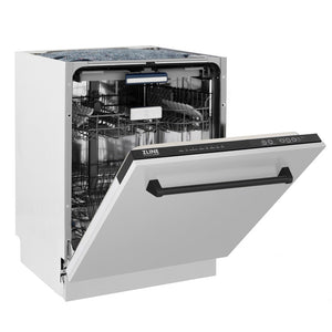ZLINE Autograph Edition 24 in. 3rd Rack Top Control Tall Tub Dishwasher in Stainless Steel with Matte Black Handle, 51dBa (DWVZ-304-24-MB) side, half open.