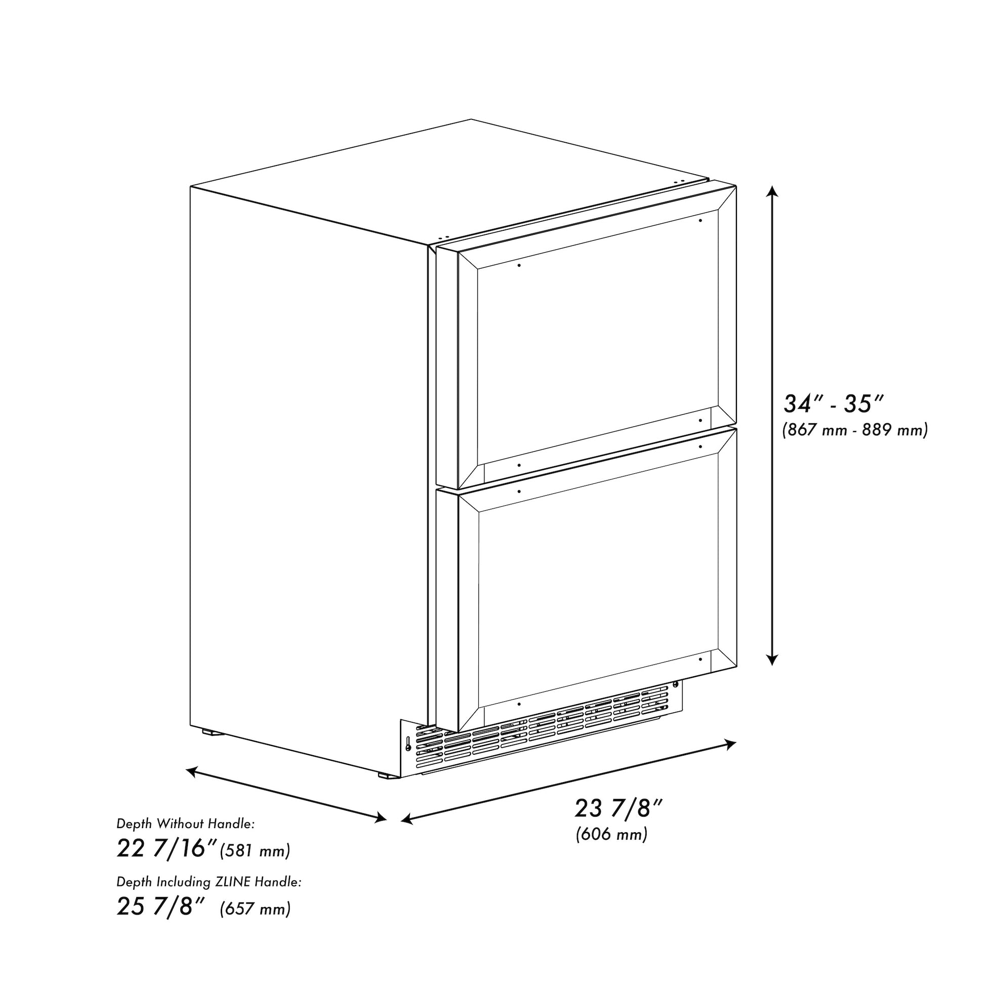 ZLINE Autograph Edition 24 in. Touchstone 168 Can Outdoor-Rated Dual Refrigerator Drawer with Panel-Ready Doors and Champagne Bronze Handles (RDSPOZ-24-CB) dimensional diagram.