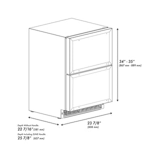 ZLINE Autograph Edition 24 in. Touchstone 168 Can Outdoor-Rated Dual Refrigerator Drawer with Panel-Ready Doors and Champagne Bronze Handles (RDSPOZ-24-CB) dimensional diagram.