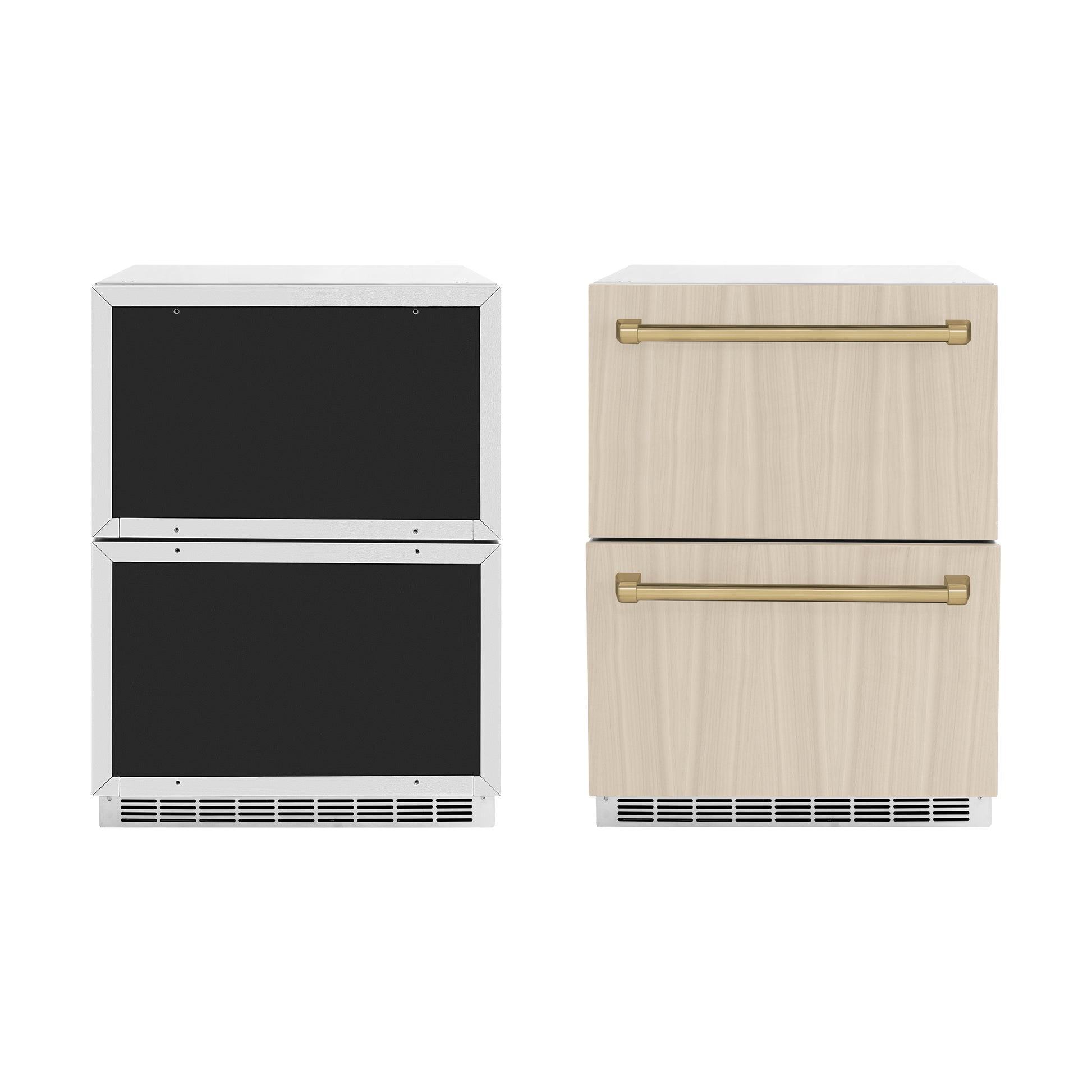 ZLINE Autograph Edition 24 in. Touchstone 168 Can Outdoor-Rated Dual Refrigerator Drawer with Panel-Ready Doors and Champagne Bronze Handles (RDSPOZ-24-CB) front, panel ready unit side-by-side unit with custom panels.