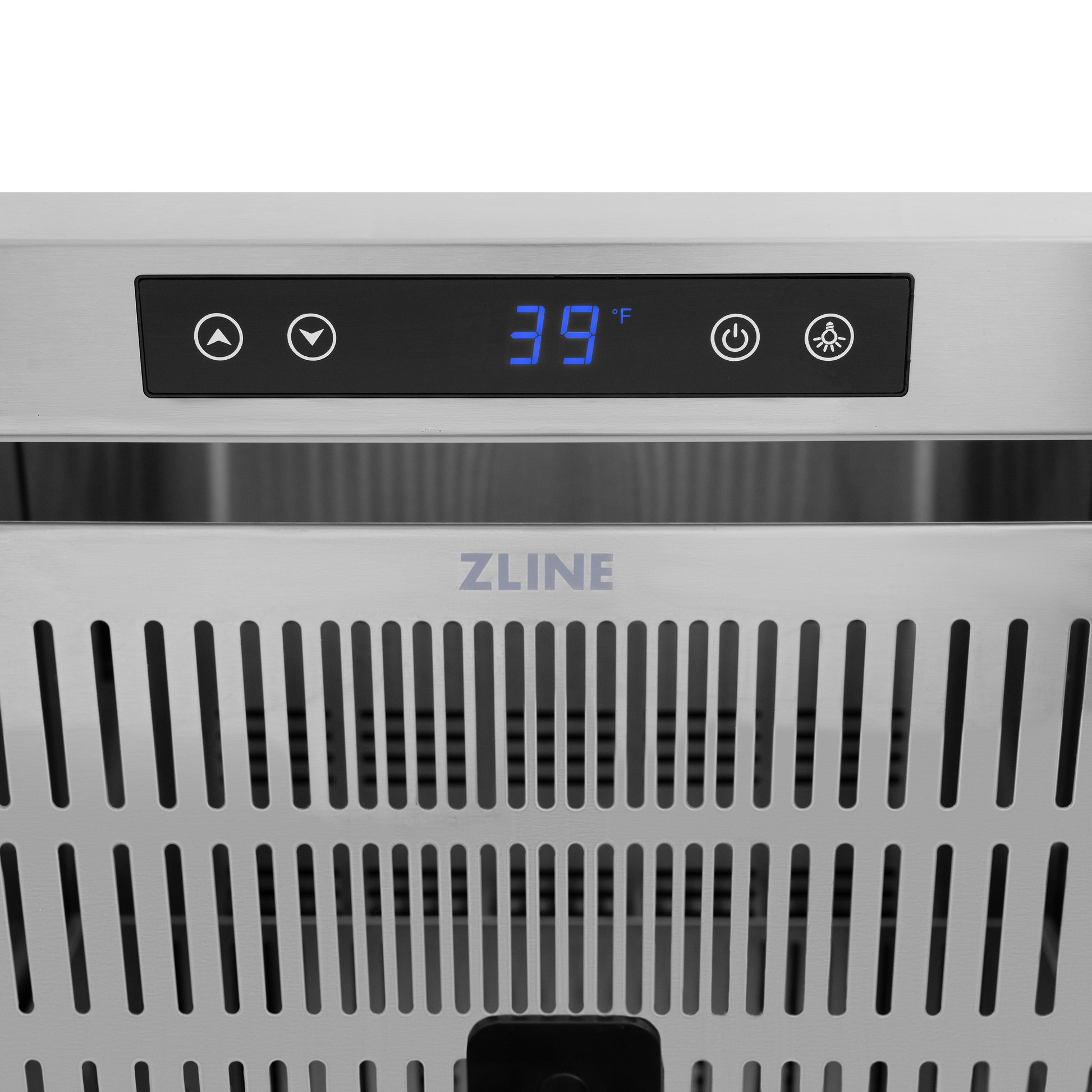 ZLINE Autograph Edition 24 in. Touchstone 168 Can Outdoor-Rated Dual Refrigerator Drawer with Panel-Ready Doors and Polished Gold Handles (RDSPOZ-24-G) close-up detail, digital LED touchscreen.