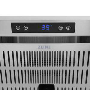 ZLINE Autograph Edition 24 in. Touchstone 168 Can Outdoor-Rated Dual Refrigerator Drawer with Panel-Ready Doors and Polished Gold Handles (RDSPOZ-24-G) close-up detail, digital LED touchscreen.