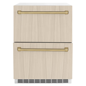 ZLINE Autograph Edition 24 in. Touchstone 168 Can Outdoor-Rated Dual Refrigerator Drawer with Panel-Ready Doors and Champagne Bronze Handles (RDSPOZ-24-CB)