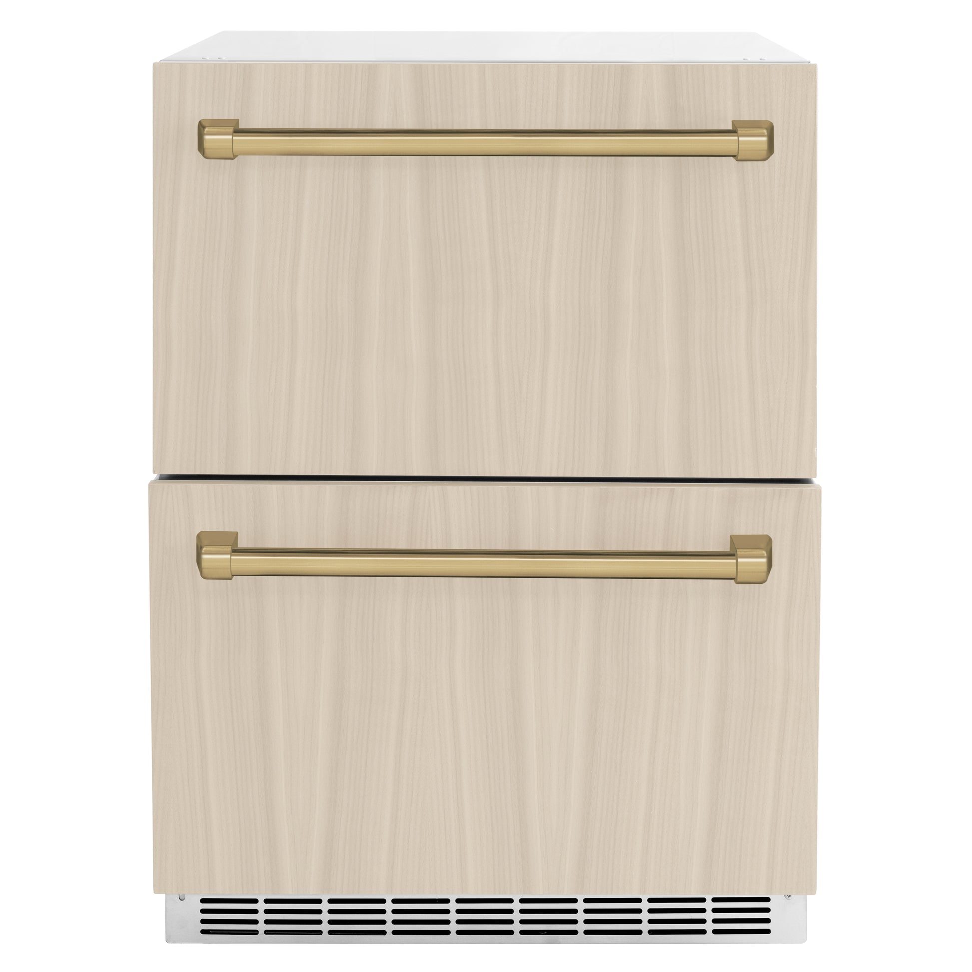 ZLINE Autograph Edition 24 in. Touchstone 168 Can Outdoor-Rated Dual Refrigerator Drawer with Panel-Ready Doors and Polished Gold Handles (RDSPOZ-24-G)