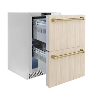 ZLINE Autograph Edition 24 in. Touchstone 168 Can Outdoor-Rated Dual Refrigerator Drawer with Panel-Ready Doors and Champagne Bronze Handles (RDSPOZ-24-CB) side, open, with custom panels installed.