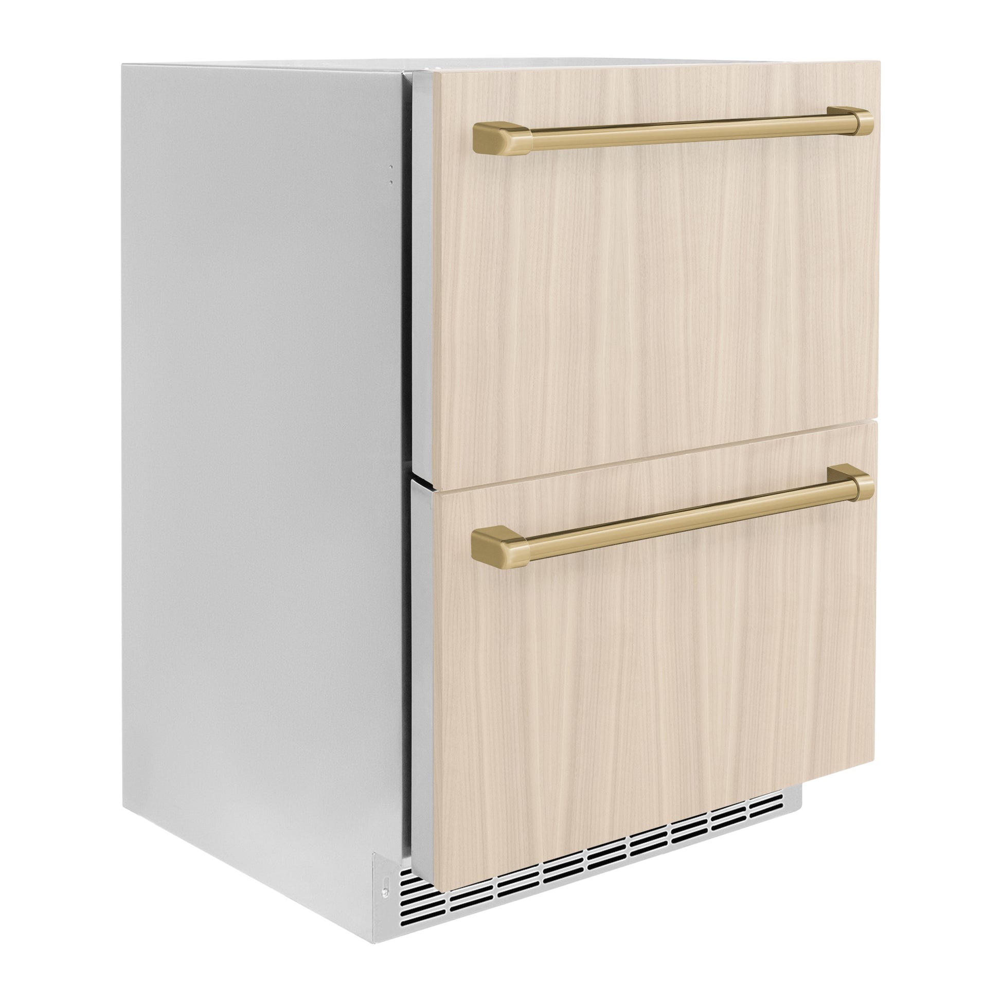 ZLINE Autograph Edition 24 in. Touchstone 168 Can Outdoor-Rated Dual Refrigerator Drawer with Panel-Ready Doors and Champagne Bronze Handles (RDSPOZ-24-CB) side, closed, with custom panels installed.