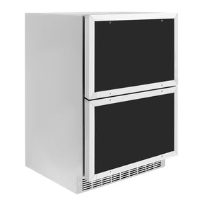 ZLINE Autograph Edition 24 in. Touchstone 168 Can Outdoor-Rated Dual Refrigerator Drawer with Panel-Ready Doors and Champagne Bronze Handles (RDSPOZ-24-CB) side, closed.