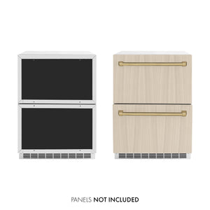 ZLINE Autograph Edition 24 in. Touchstone 168 Can Outdoor-Rated Dual Refrigerator Drawer with Panel-Ready Doors and Champagne Bronze Handles (RDSPOZ-24-CB) front, panel ready unit side-by-side unit with custom panels.