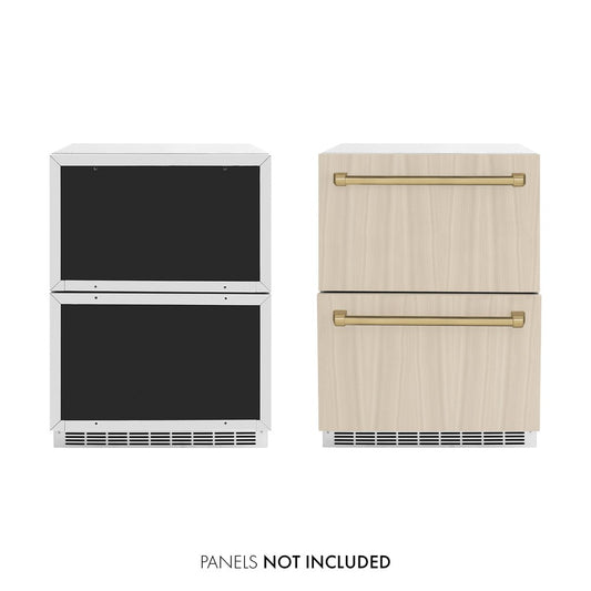 ZLINE Autograph Edition 24 in. Touchstone 168 Can Outdoor-Rated Dual Refrigerator Drawer with Panel-Ready Doors and Champagne Bronze Handles (RDSPOZ-24-CB) front, panel ready unit side-by-side unit with custom panels.