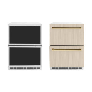 ZLINE Autograph Edition 24 in. Touchstone 168 Can Outdoor-Rated Dual Refrigerator Drawer with Panel-Ready Doors and Polished Gold Handles (RDSPOZ-24-G)