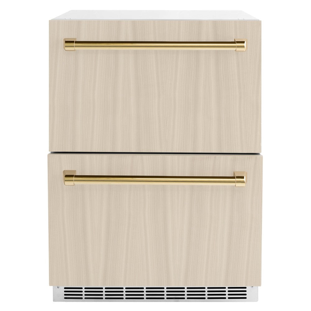 ZLINE Autograph Edition 24 in. Touchstone 168 Can Outdoor-Rated Dual Refrigerator Drawer with Panel-Ready Doors and Polished Gold Handles (RDSPOZ-24-G)