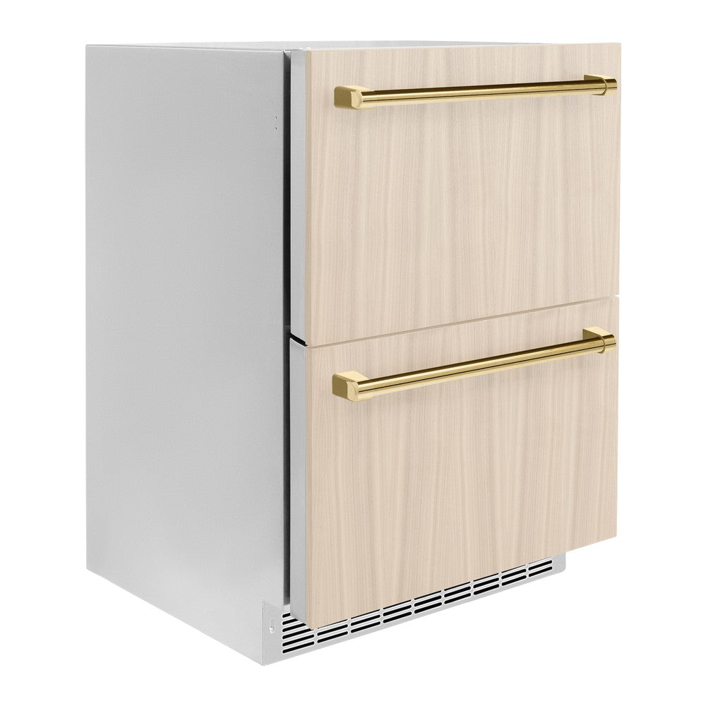 ZLINE Autograph Edition 24 in. Touchstone 168 Can Outdoor-Rated Dual Refrigerator Drawer with Panel-Ready Doors and Polished Gold Handles (RDSPOZ-24-G)