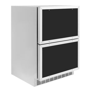 ZLINE Autograph Edition 24 in. Touchstone 168 Can Outdoor-Rated Dual Refrigerator Drawer with Panel-Ready Doors and Polished Gold Handles (RDSPOZ-24-G) side, closed.