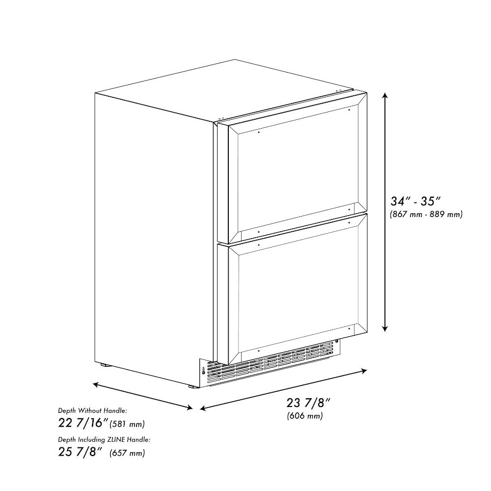 ZLINE Autograph Edition 24 in. Touchstone 168 Can Outdoor-Rated Dual Refrigerator Drawer with Panel-Ready Doors and Matte Black Handles (RDSPOZ-24-MB) dimensional diagram.