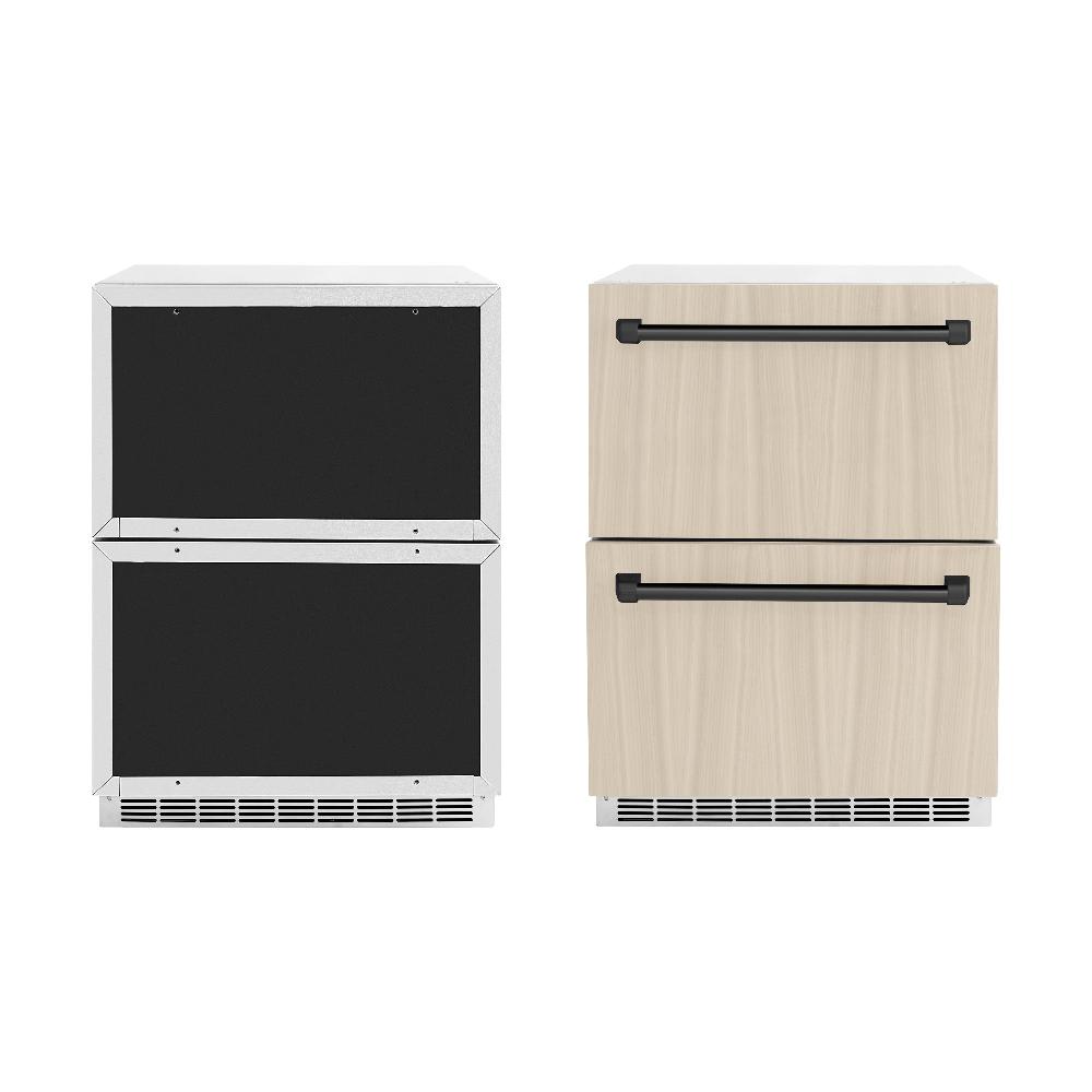 ZLINE Autograph Edition 24 in. Touchstone 168 Can Outdoor-Rated Dual Refrigerator Drawer with Panel-Ready Doors and Matte Black Handles (RDSPOZ-24-MB) front, panel ready unit side-by-side unit with custom panels.