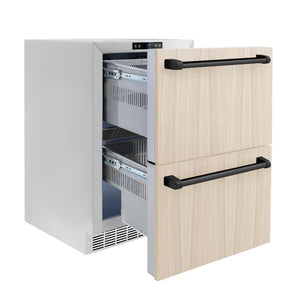 ZLINE Autograph Edition 24 in. Touchstone 168 Can Outdoor-Rated Dual Refrigerator Drawer with Panel-Ready Doors and Matte Black Handles (RDSPOZ-24-MB) side, open, with custom panels installed.