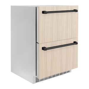 ZLINE Autograph Edition 24 in. Touchstone 168 Can Outdoor-Rated Dual Refrigerator Drawer with Panel-Ready Doors and Matte Black Handles (RDSPOZ-24-MB) side, closed, with custom panels installed.