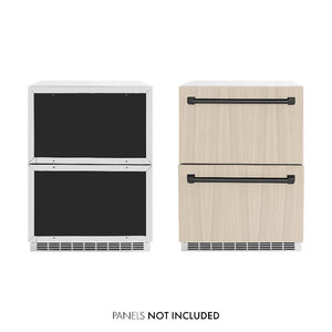 ZLINE Autograph Edition 24 in. Touchstone 168 Can Outdoor-Rated Dual Refrigerator Drawer with Panel-Ready Doors and Matte Black Handles (RDSPOZ-24-MB) front, panel ready unit side-by-side unit with custom panels.