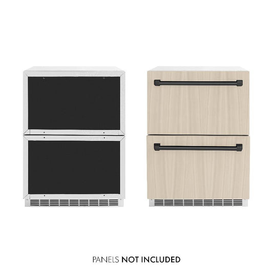 ZLINE Autograph Edition 24 in. Touchstone 168 Can Outdoor-Rated Dual Refrigerator Drawer with Panel-Ready Doors and Matte Black Handles (RDSPOZ-24-MB) front, panel ready unit side-by-side unit with custom panels.