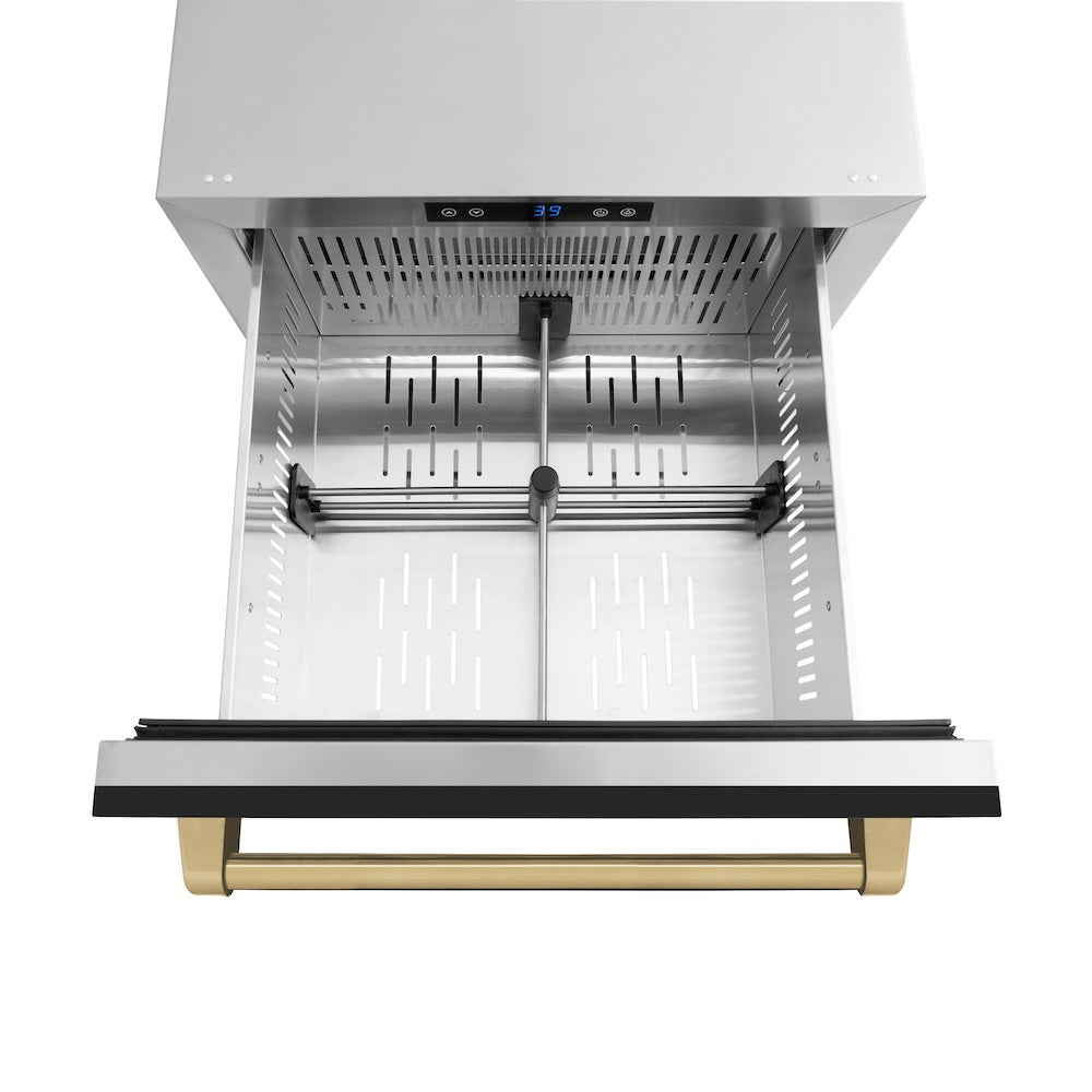 ZLINE Autograph Edition 24 in. Touchstone 168 Can Outdoor-Rated Dual Refrigerator Drawer with Black Matte Doors and Champagne Bronze Handles (RDSOZ-BLM-24-CB) open, with divider.