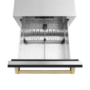 ZLINE Autograph Edition 24 in. Touchstone 168 Can Outdoor-Rated Dual Refrigerator Drawer with Black Matte Doors and Champagne Bronze Handles (RDSOZ-BLM-24-CB) open, with divider.