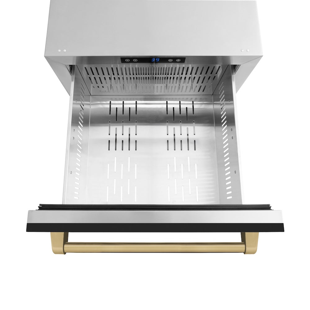 ZLINE Autograph Edition 24 in. Touchstone 168 Can Outdoor-Rated Dual Refrigerator Drawer with Black Matte Doors and Champagne Bronze Handles (RDSOZ-BLM-24-CB) open, without divider.