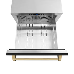 ZLINE Autograph Edition 24 in. Touchstone 168 Can Outdoor-Rated Dual Refrigerator Drawer with Black Matte Doors and Champagne Bronze Handles (RDSOZ-BLM-24-CB) open, without divider.
