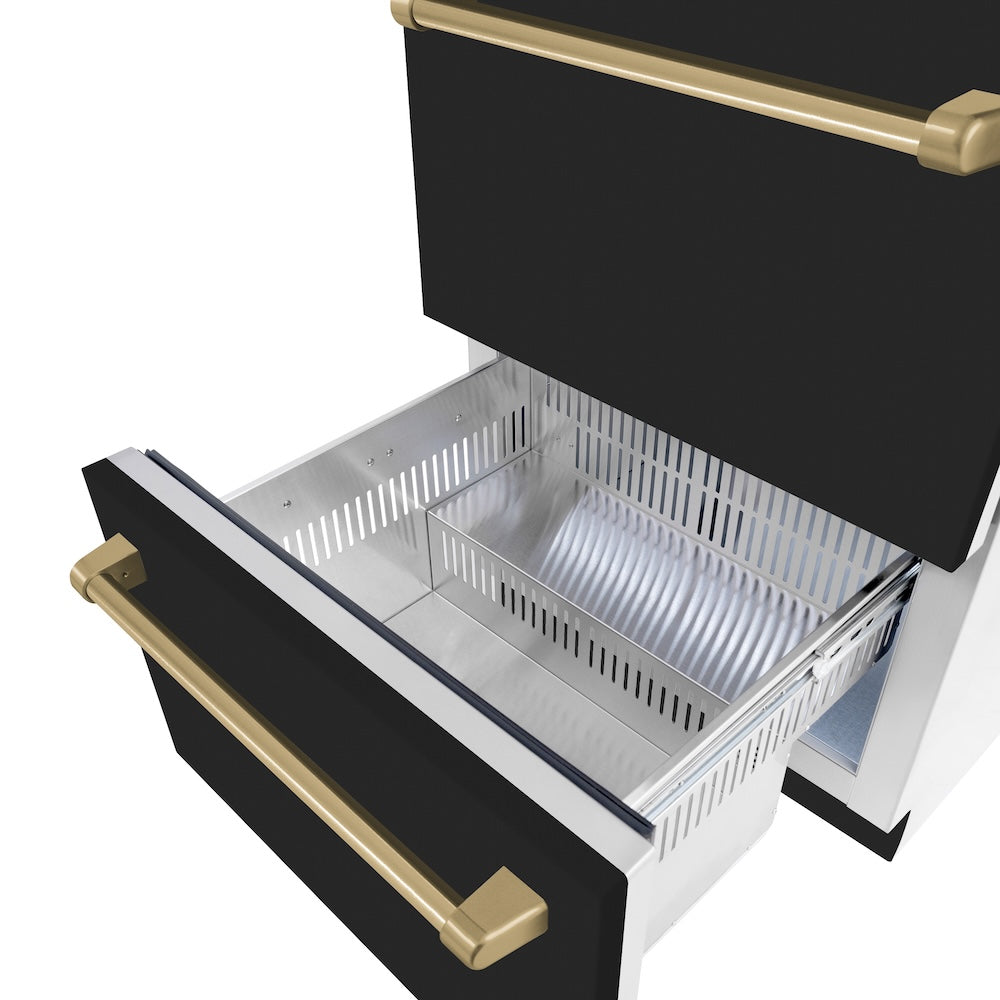 ZLINE Autograph Edition 24 in. Touchstone 168 Can Outdoor-Rated Dual Refrigerator Drawer with Black Matte Doors and Champagne Bronze Handles (RDSOZ-BLM-24-CB) bottom drawer open.