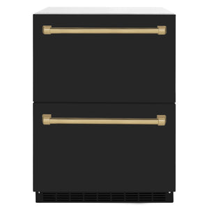 ZLINE Autograph Edition 24 in. Touchstone 168 Can Outdoor-Rated Dual Refrigerator Drawer with Black Matte Doors and Champagne Bronze Handles (RDSOZ-BLM-24-CB) main image.