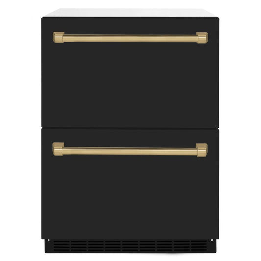 ZLINE Autograph Edition 24 in. Touchstone 168 Can Outdoor-Rated Dual Refrigerator Drawer with Black Matte Doors and Champagne Bronze Handles (RDSOZ-BLM-24-CB)