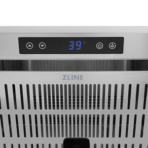 ZLINE Autograph Edition 24 in. Touchstone 168 Can Outdoor-Rated Dual Refrigerator Drawer with Black Matte Doors and Champagne Bronze Handles (RDSOZ-BLM-24-CB) control panel with digital display and branding