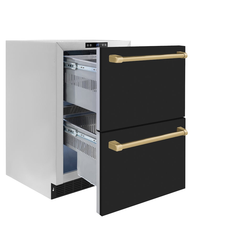 ZLINE Autograph Edition 24 in. Touchstone 168 Can Outdoor-Rated Dual Refrigerator Drawer with Black Matte Doors and Champagne Bronze Handles (RDSOZ-BLM-24-CB) side, open.