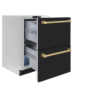 ZLINE Autograph Edition 24 in. Touchstone 168 Can Outdoor-Rated Dual Refrigerator Drawer with Black Matte Doors and Champagne Bronze Handles (RDSOZ-BLM-24-CB) side, open.