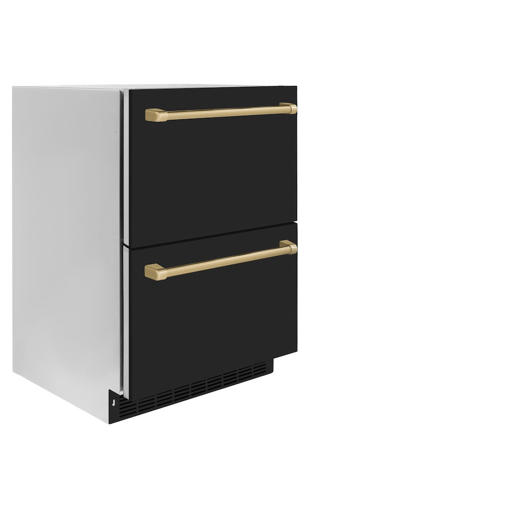 ZLINE Autograph Edition 24 in. Touchstone 168 Can Outdoor-Rated Dual Refrigerator Drawer with Black Matte Doors and Champagne Bronze Handles (RDSOZ-BLM-24-CB) side, closed.
