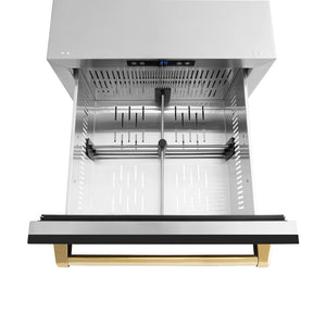 ZLINE Autograph Edition 24 in. Touchstone 168 Can Outdoor-Rated Dual Refrigerator Drawer with Black Matte Doors and Polished Gold Handles (RDSOZ-BLM-24-G) open, with divider.