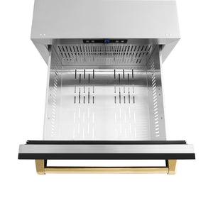 ZLINE Autograph Edition 24 in. Touchstone 168 Can Outdoor-Rated Dual Refrigerator Drawer with Black Matte Doors and Polished Gold Handles (RDSOZ-BLM-24-G) open, without divider.