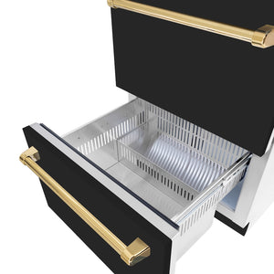 ZLINE Autograph Edition 24 in. Touchstone 168 Can Outdoor-Rated Dual Refrigerator Drawer with Black Matte Doors and Polished Gold Handles (RDSOZ-BLM-24-G) bottom drawer open.