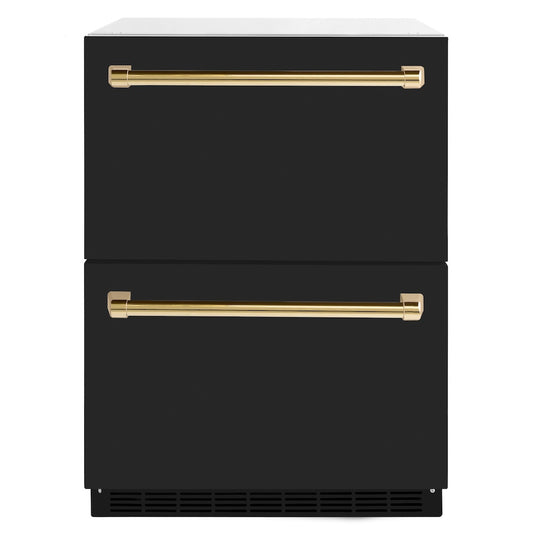 ZLINE Autograph Edition 24 in. Touchstone 168 Can Outdoor-Rated Dual Refrigerator Drawer with Black Matte Doors and Polished Gold Handles (RDSOZ-BLM-24-G) main image.